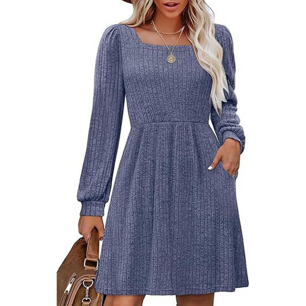 Damen-Kleid mit eckigem Ausschnitt und langen Ärmeln, lässig, süß, Strickkleid mit Taschen
