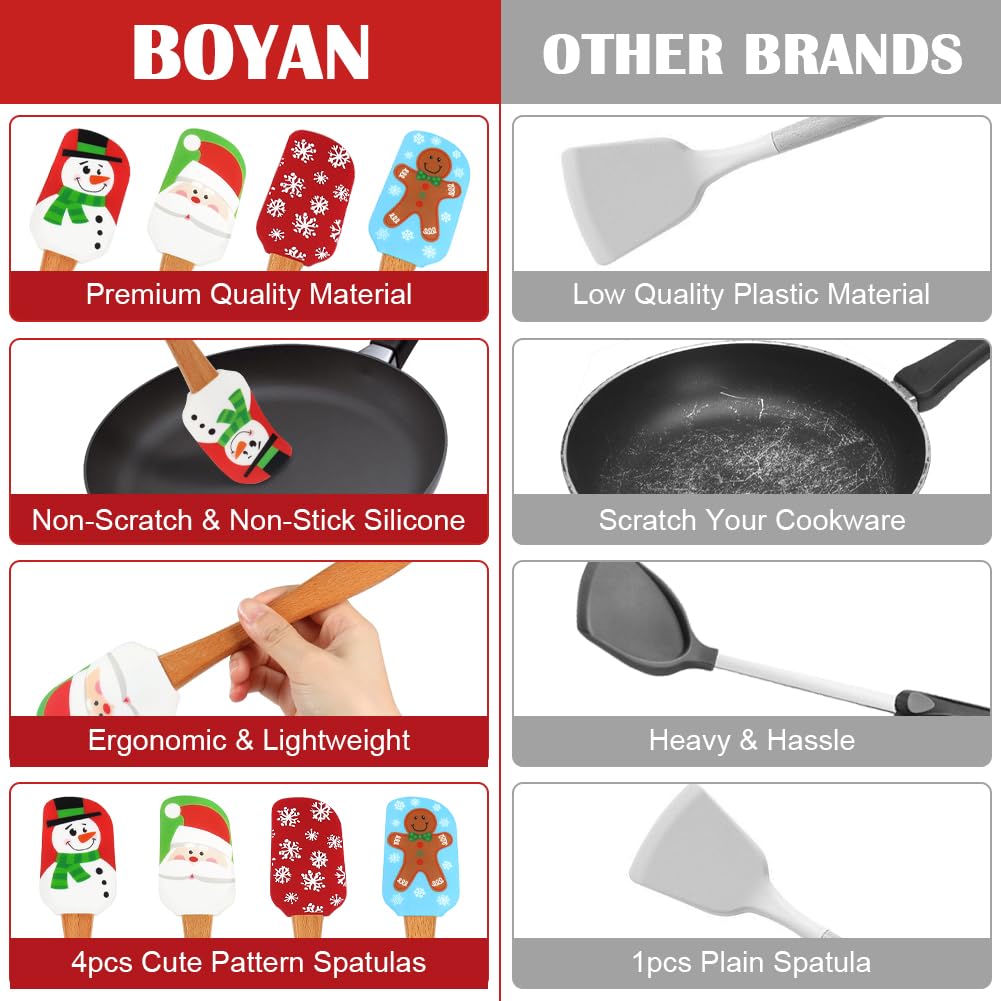 4 Pcs Christmas Silicone Spatula, , Christmas Spatulas with Wooden Handle for Baking, Supplies for Cooking, Gifts and Decoration
