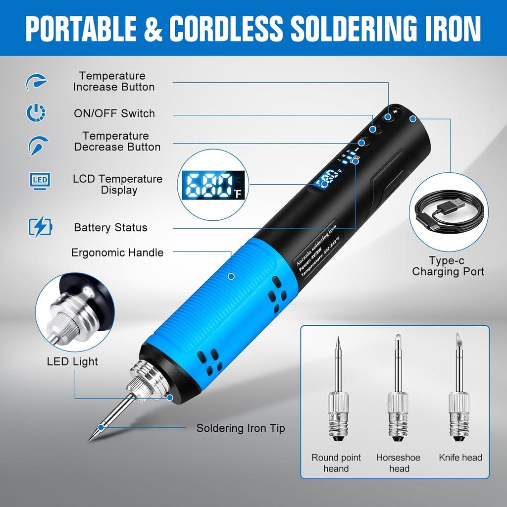 Soldering Iron Kit, Portable Soldering Gun with LED Digital Display, 392-842°F Adjustable Temperature Cordless Soldering Iron Pen Tool with 3