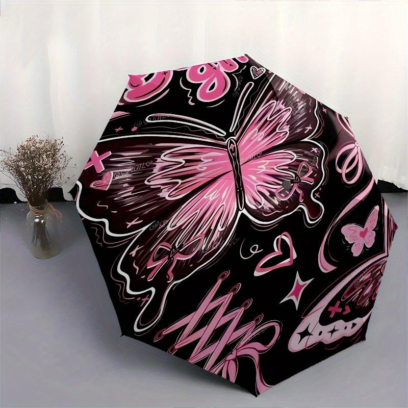 Butterfly, pink, Y2K Automatic folding umbrella simple eight rib design, bright color pattern, durable iron frame, ideal for travel and out