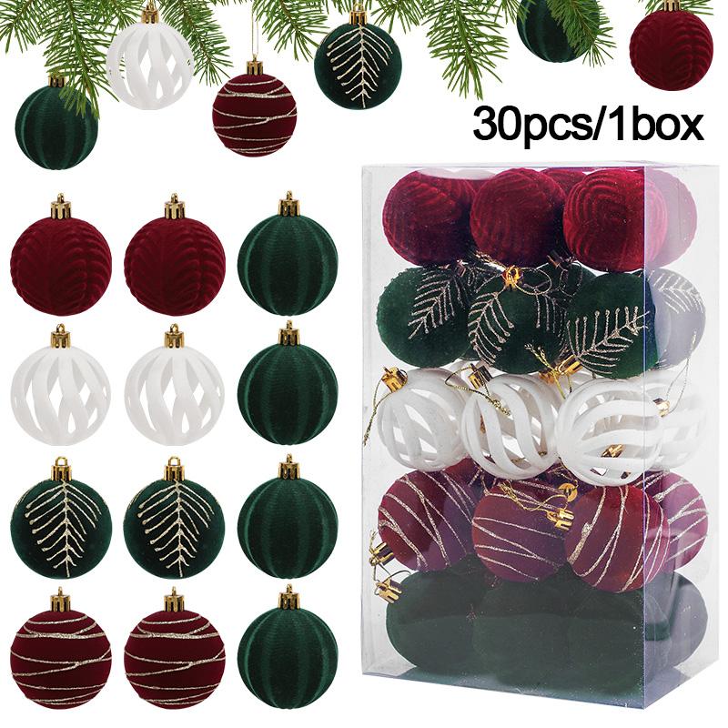 30pcs/box Velvet Christmas Ball 6cm Red Gree White Xmas Tree Balls Ornament 2025 Christmas Party Home Hanging Decoration Pendant