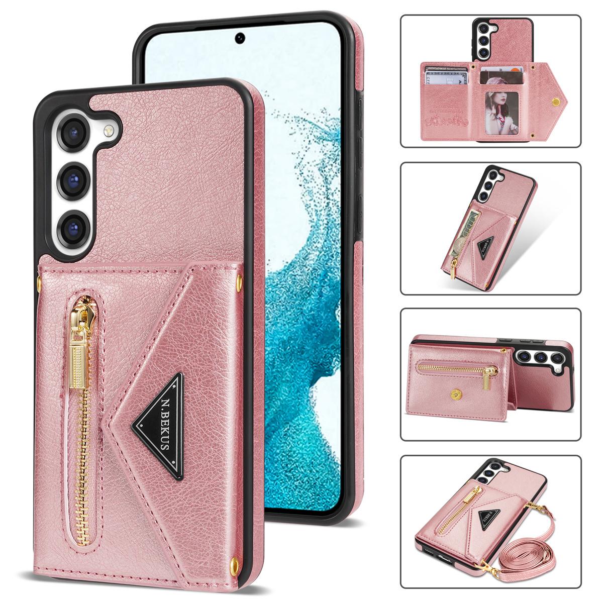 

N.BEKUS For Samsung Galaxy S24+ Leather Zipper Case Card Holder Phone Cover with Shoulder Strap Pink