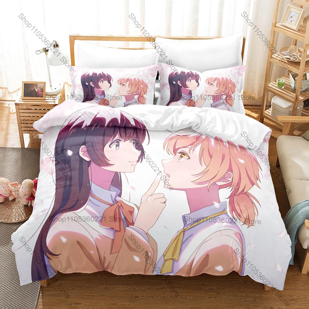 Cool Soft Pastel Cherry Blossom School Girls Sketch Bedding Set Duvet Cover + 2 Pillowcases Muted Pink Neutral Bedroom Decor
