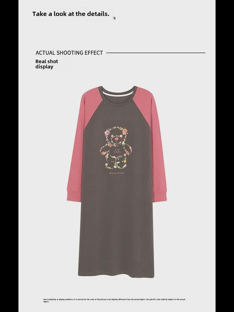 Women's 100% Cotton Knee-Length Long-Sleeve Nightdress for Spring and Autumn
