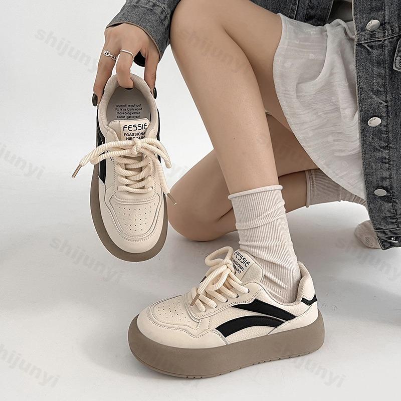 Women's Vintage Low Top Thick Sole Casual Sports Shoes  Autumn Concise Color Blocked Versatile Comfortable Platform Sneakers