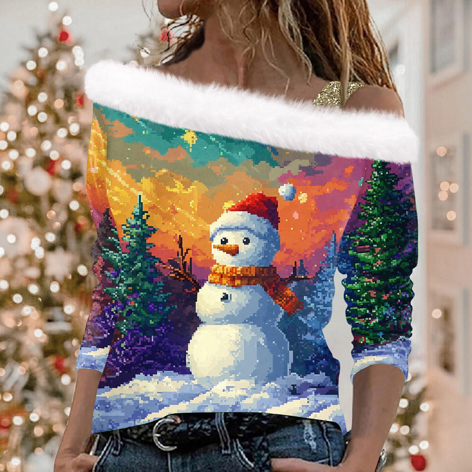 

Женский повседневный модный топ с длинными рукавами и открытыми плечами с рождественским принтом из плюша L