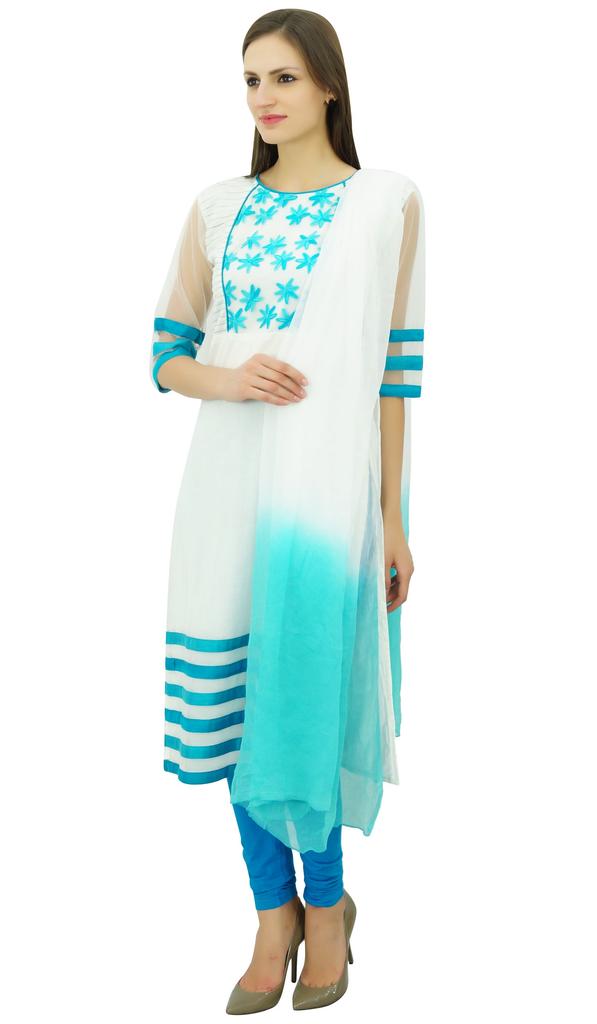 Atasi Women'S White And Blue Straight Salwar Kameez With Dupatta Suit Sets