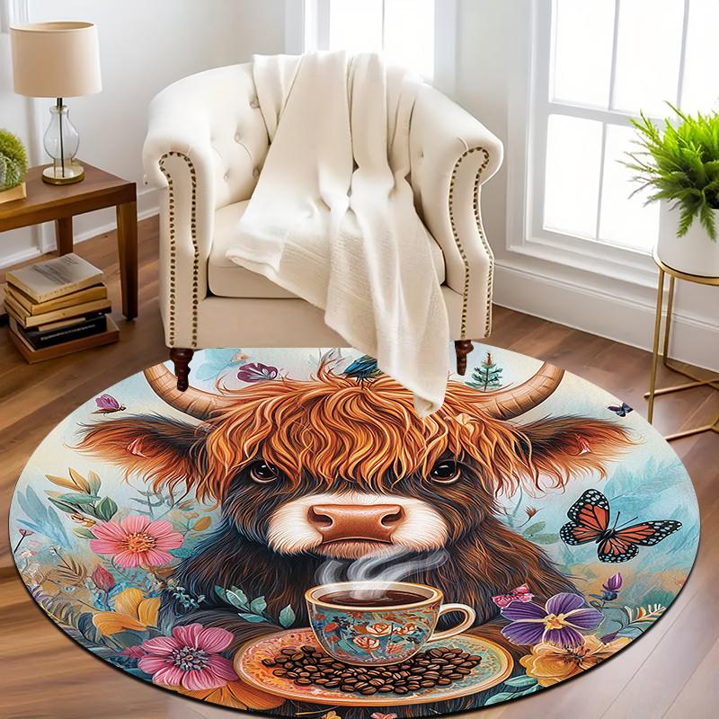 Highland Cattle and Coffee Cups Flannel-printed Round Floor Mats Are Slip-resistant Suitable Living Room Terrace Garden Carpets