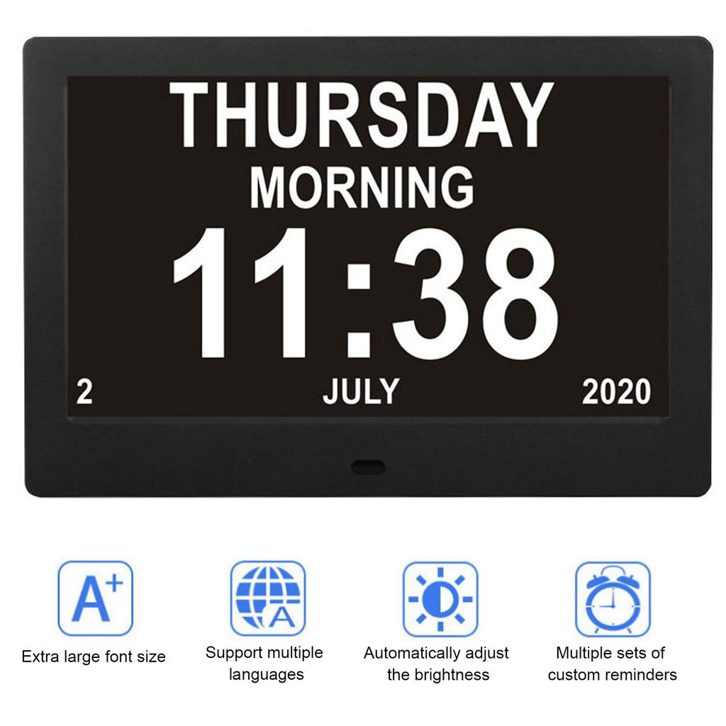 Digital Calendar Clock Wall Mounted 16:10 8in Large Display Date Time with Reminders Day Night Dimmable Key Remote Control Desk