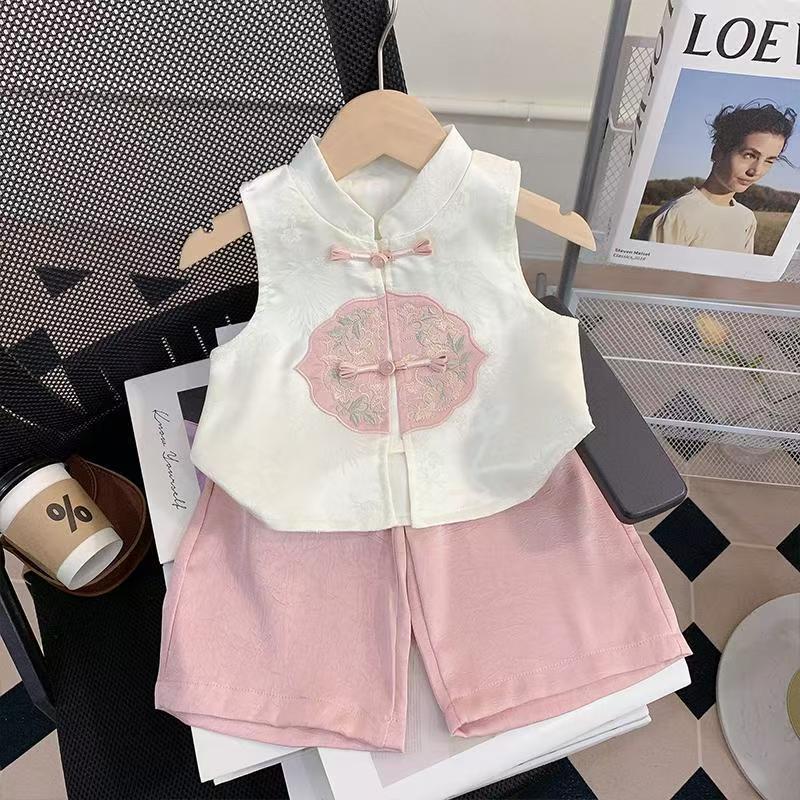 Girls Summer Chinese Two Piece Set Trendy Baby Hanfu Outfit Traditional Kids Clothing Casual Short Sleeve Top And Shorts 90cm