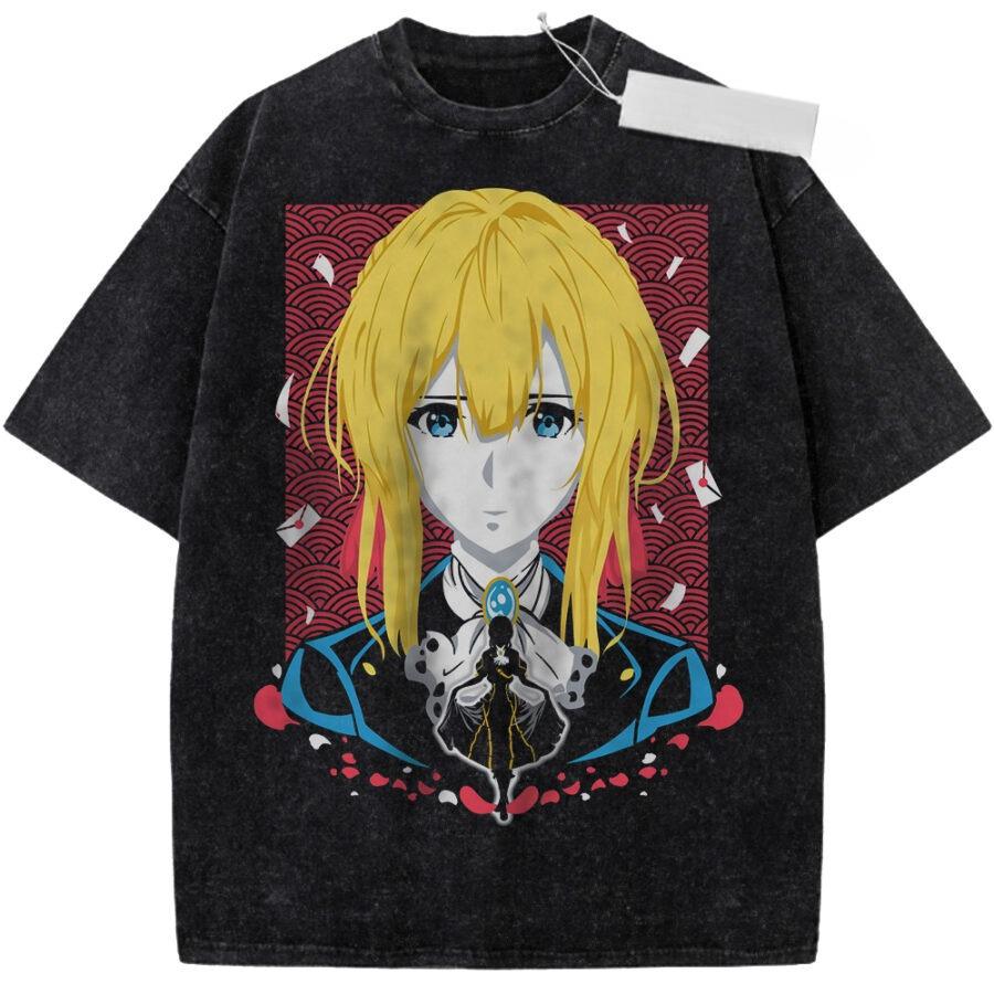 Violet Evergarden Vintage Loose Washed Tshirt personality Clothes Suitable for all seasons Retro Fashion Streetwear Trendy soft S