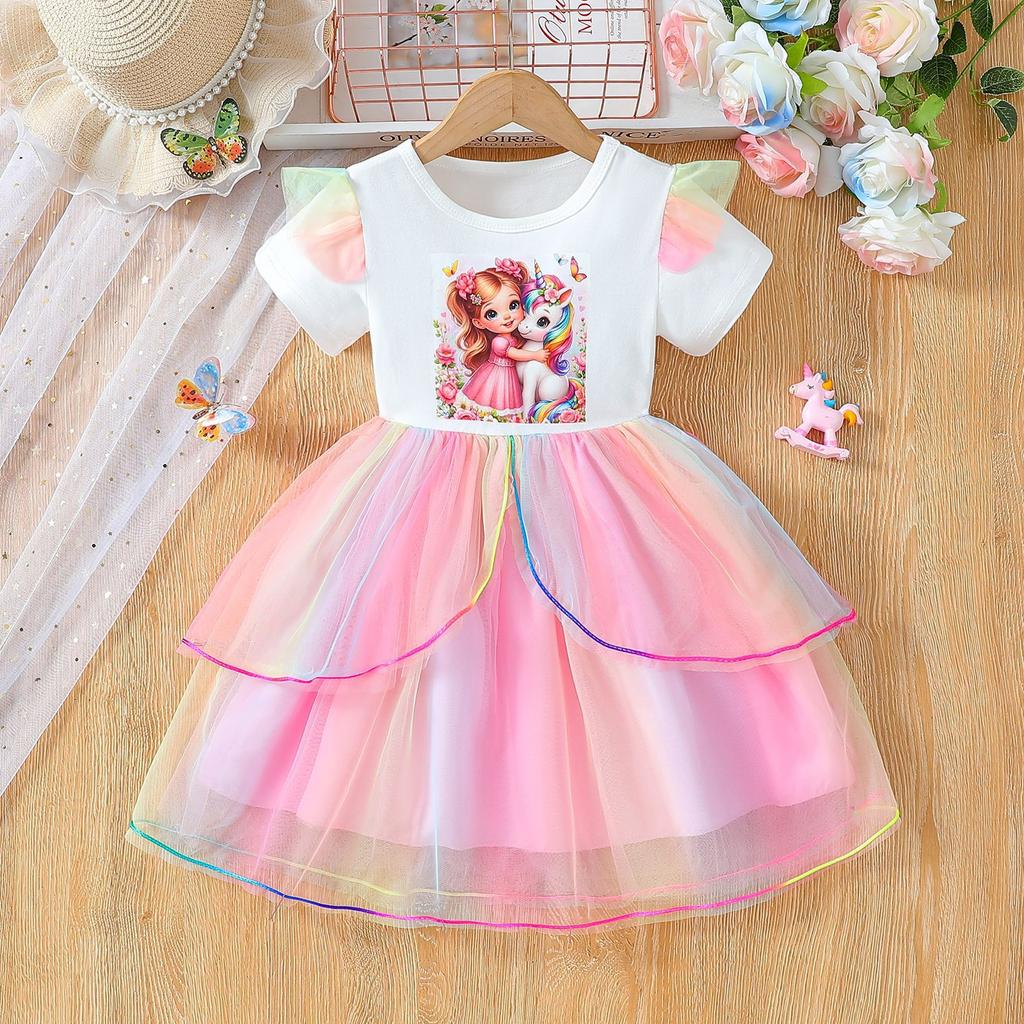 Girls Summer Short Sleeve Tulle Princess Dress with Cartoon Design