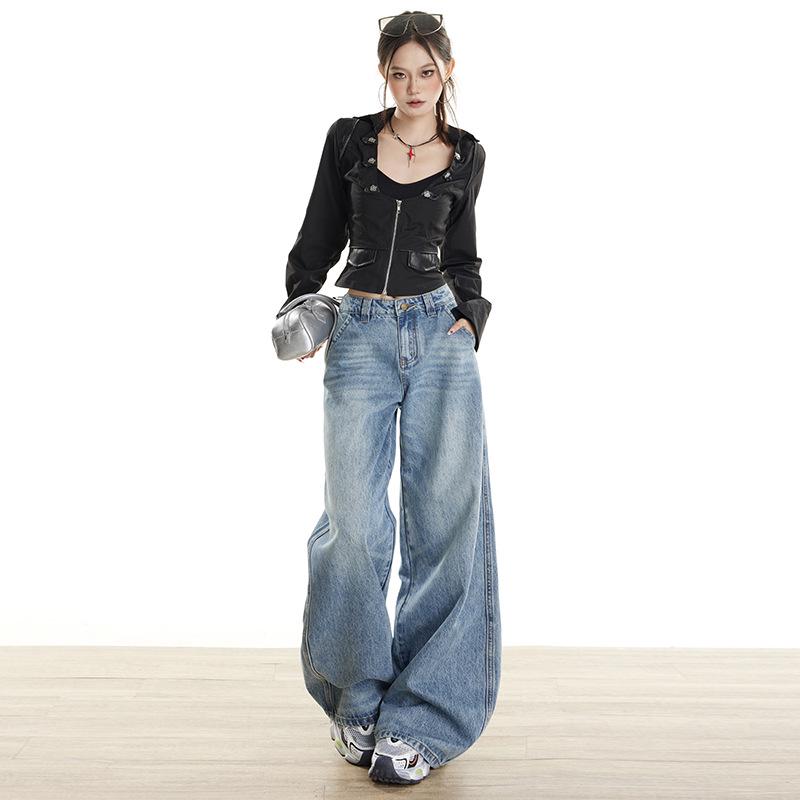 

Women s Retro Wide-Leg Jeans: American Design, HK Style, Loose Straight-Leg, Floor-Length L