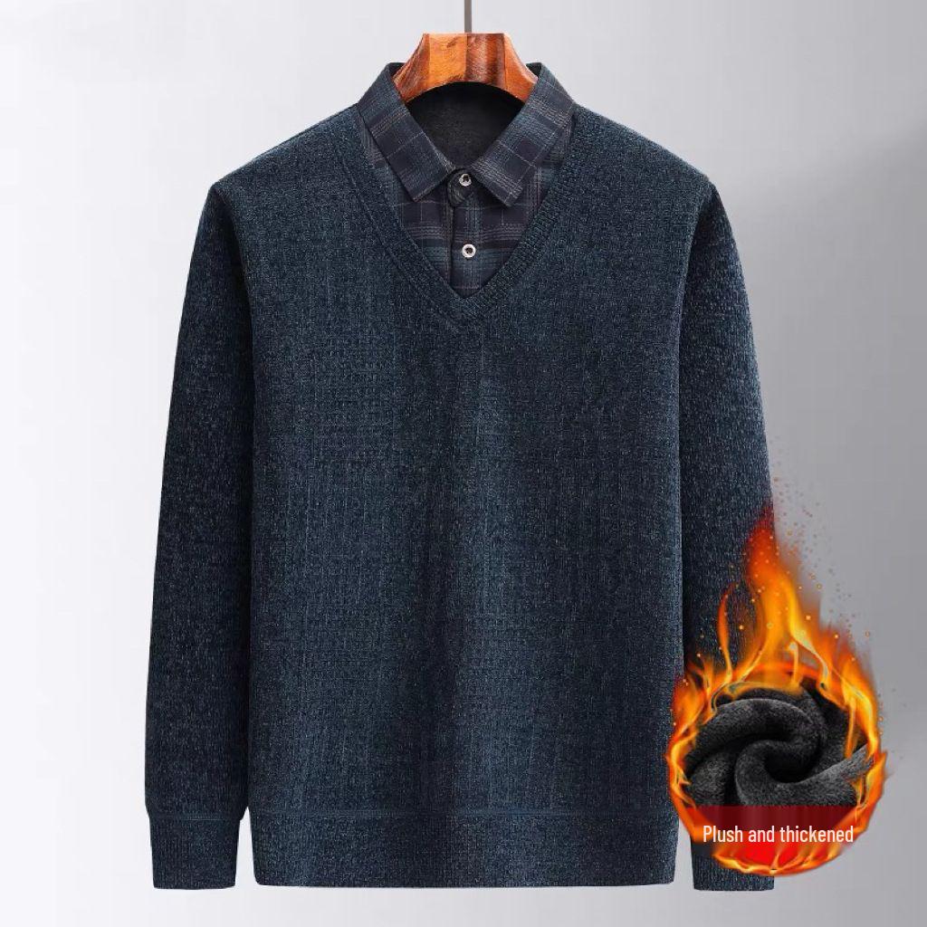 

Dad s Winter Velvet Sweater: Thick, Warm Knit Top for Middle-aged & Elderly Men 180/2XL/155-165 jin темно-синього кольору