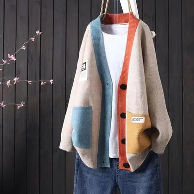Herbst Frühling Damenpullover Dick Gespleißt Elegant Oberbekleidung Taschen V-Ausschnitt Langärmliger Cardigan Pullover Strick Patchwork Lockerer Pullover