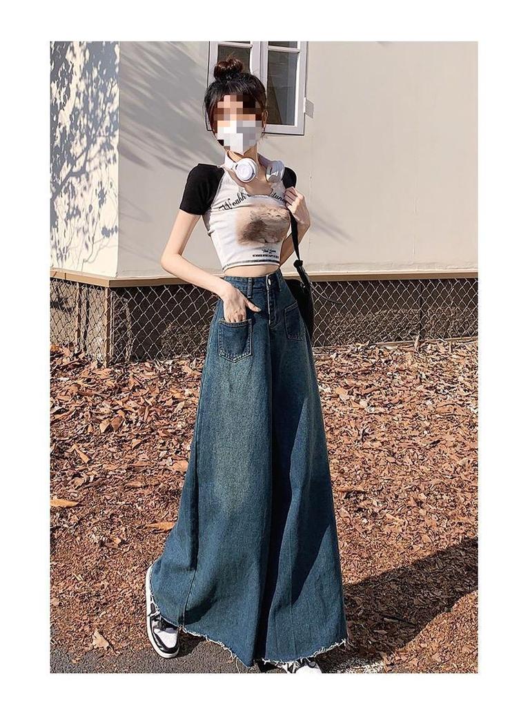 2024 Retro High Waist Wide Leg Denim Skirt with Frayed Edges for Spring & Autumn