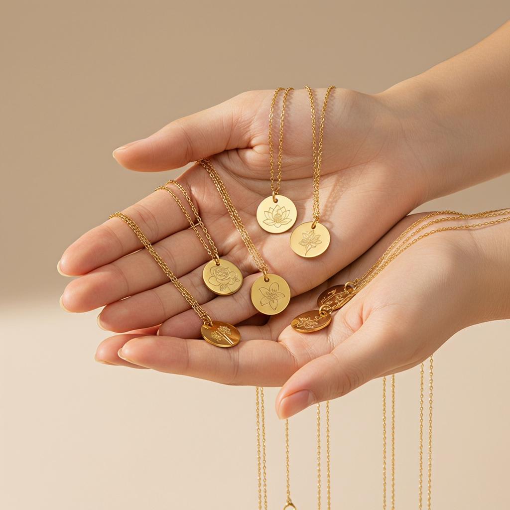 December Floral Pendant Necklace Exquisite Engraved Golden Circular Coins In Minimalist Layered Chain Jewelry Gift for Women