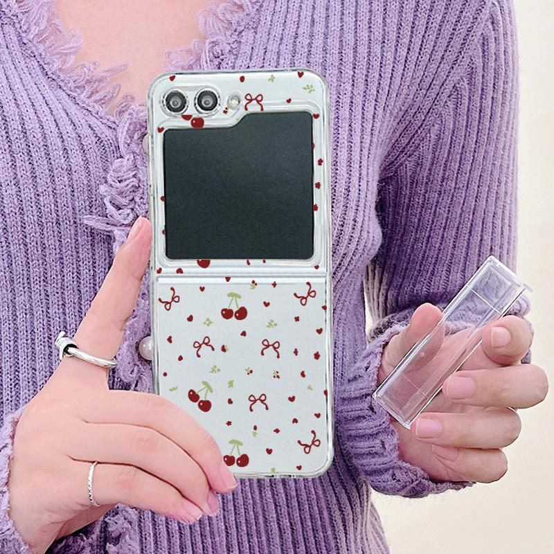 For Samsung Galaxy Z Flip6 Flip5 Flip4 Flip3 3PCS Folding Bowknot Cherry Pattern Transparent Hard Plastic Slim Phone Case Cover