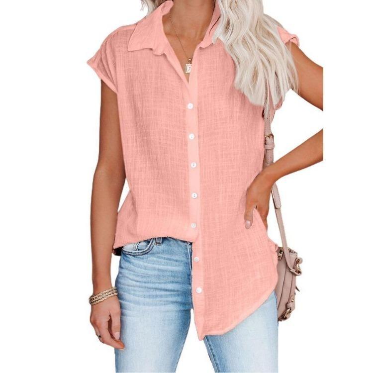 Women Casual Short Sleeve Shirt Summer Solid Color Lapel Top Single Breasted Blouse