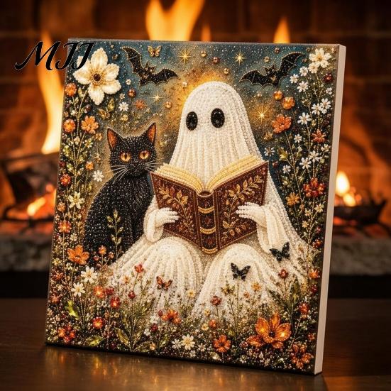 Home Office Desktop Decor Halloween Faux Pearl Art DIY Kit, Spooky Cute 3D Beads Painting Crafts Pre Stretched Canvas for Adults Beginners,