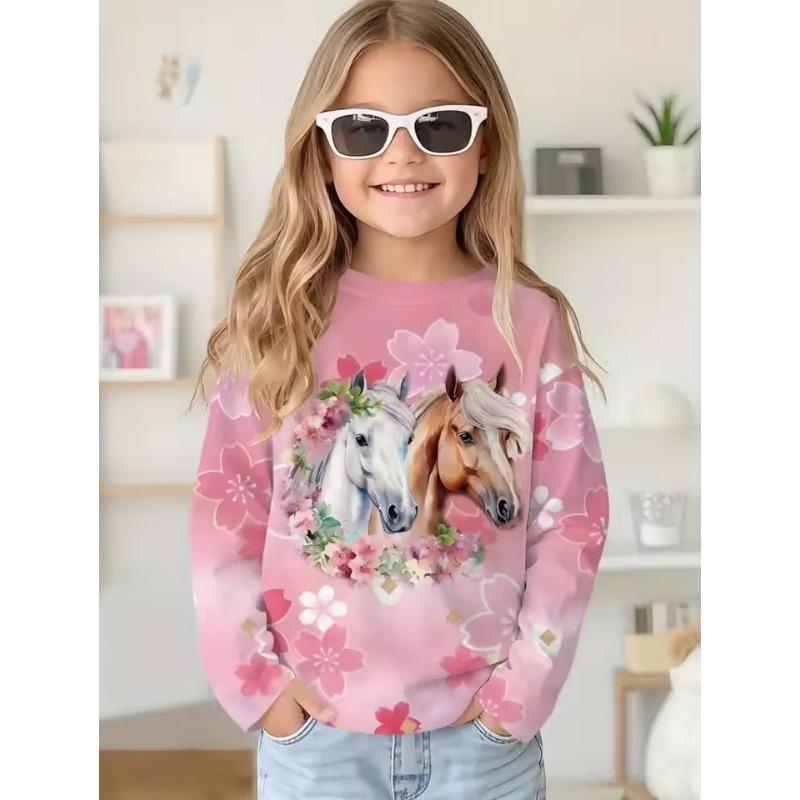 Girl Clothes Fashion Horse 3D Print Kids Long Sleeves T-Shirt Loose Casual Autumn Tops Outdoor Comfortable Children's Clothing