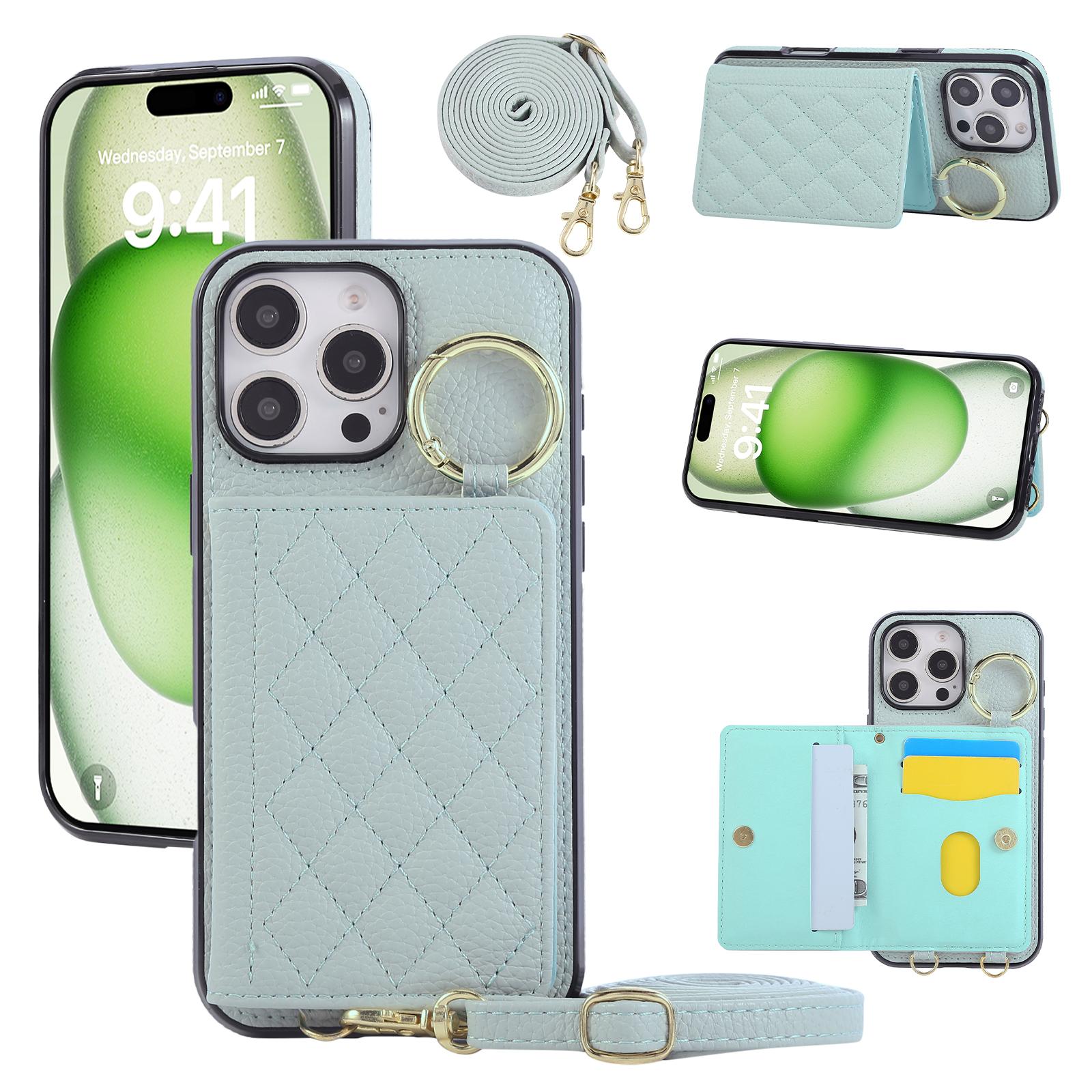 

For iPhone 16 Pro Max Case Kickstand Rhombus Leather+TPU Phone Cover with Shoulder Strap Blue