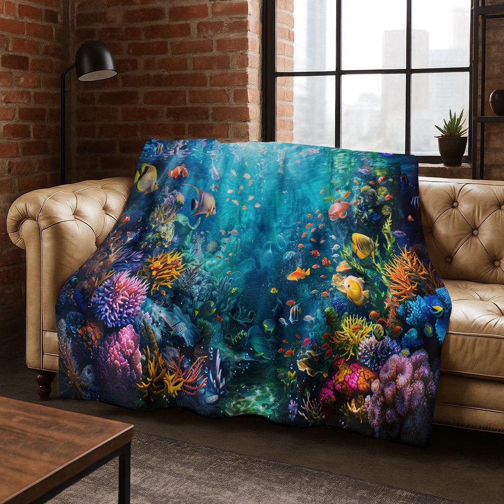 Dream Underwater World Sea Dolphin Turtle Coral Art Flannel Blanket,Cozy Soft Throw Blanket for Home Bedroom Bed Sofa Gift Kids