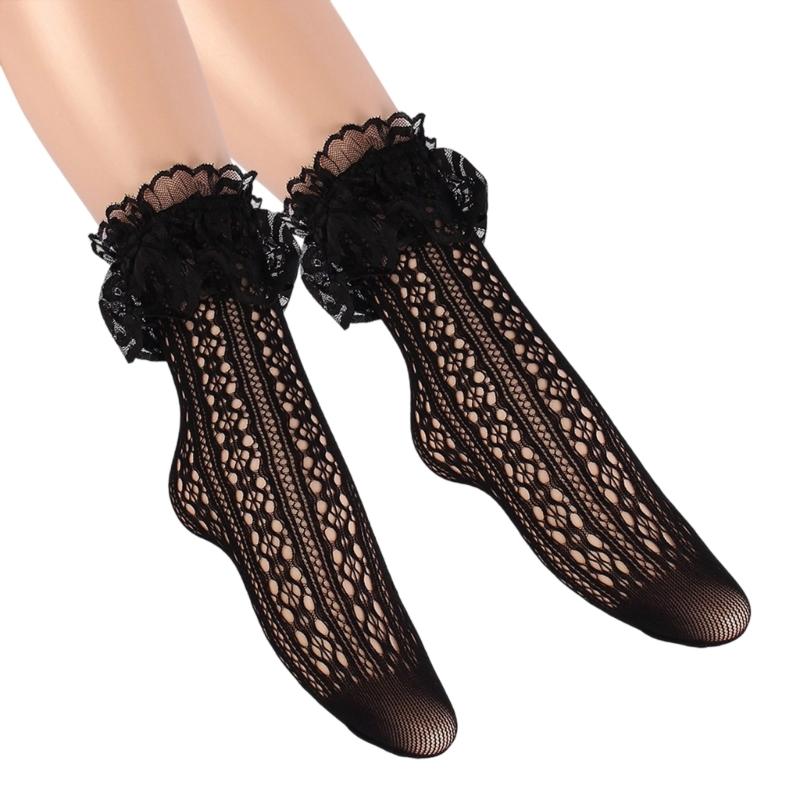 Lace Socks Fishnet Ruffle Frilly Ankle Socks Mesh Hollowout Patterned Anklet Stockings for Women Girls Hosiery Gift