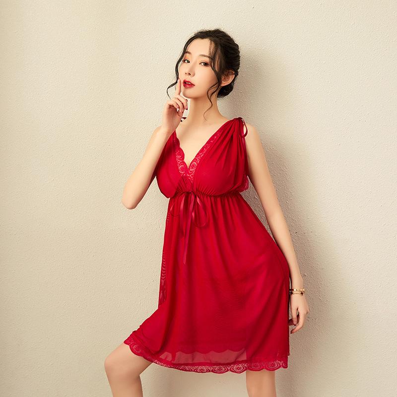 Sex Nightgown Pajamas V-neck Sleeveless Sexy Lace See-through Pajamas Seductive