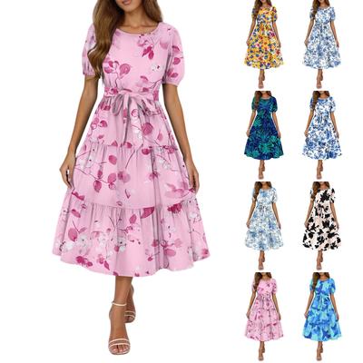 Women's Summer Floral Print Short Sleeves Neck Waistband Bohemian Flowy Maxi Dress With Pockets