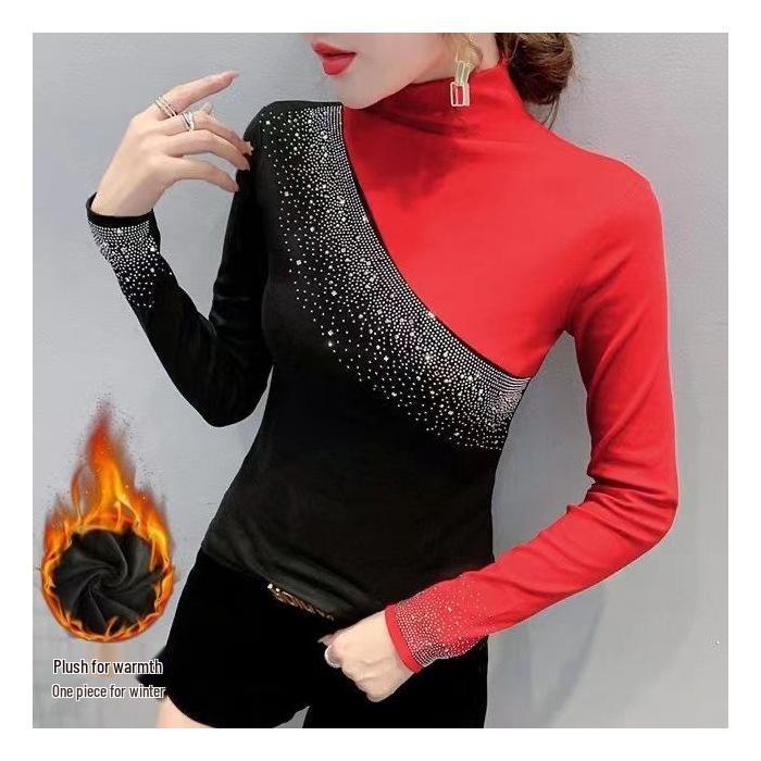 

Women s Color Block Rhinestone Half-High Neck Long Sleeve Fleece-Lined Base Layer T-shirt - 2025 Autumn/Winter Fashion. XL чорний