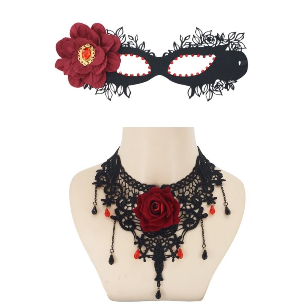 1 Set Dark Gothic Masquerade Mask Red Rose Gothic Choker Necklace Halloween Party