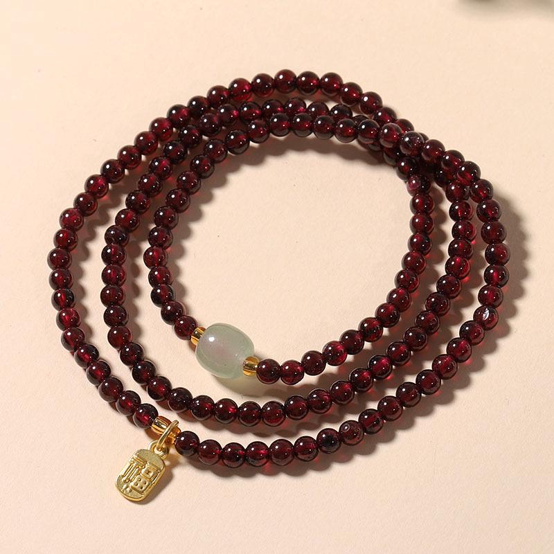 Exquisite Women's Garnet & Hetian Jade Three-Circle Lucky Bead Bracelet