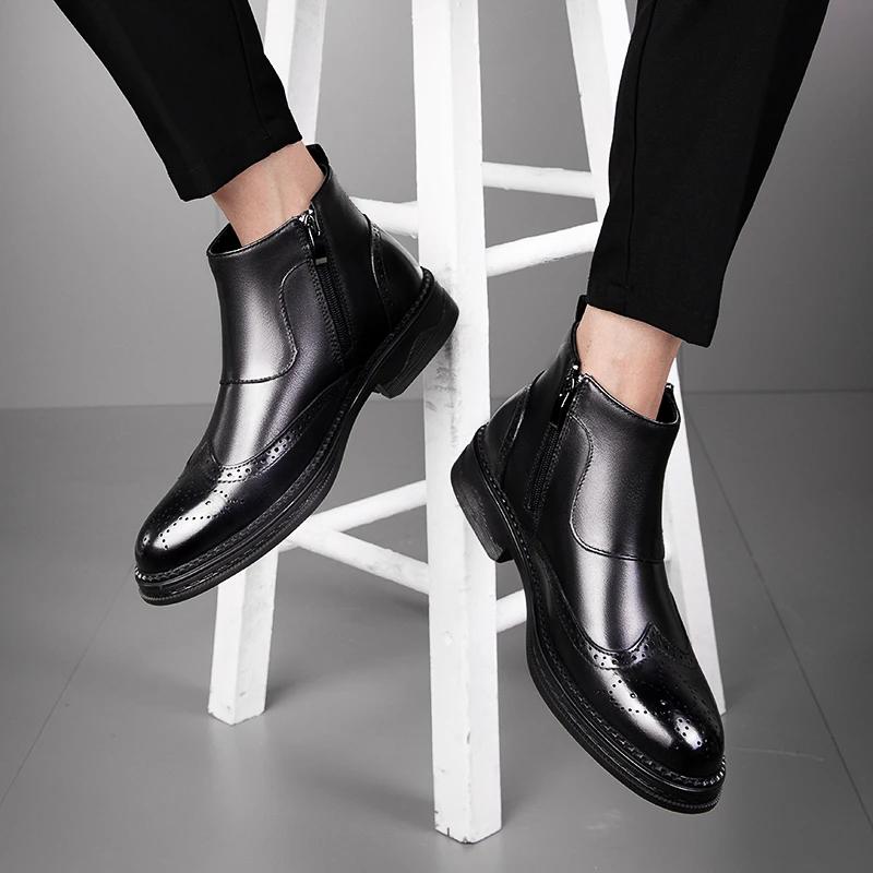 Fashion New British Style Brogue Shoes Genuine Leather Chelsea Boots Male Winter Shoes Plush Warm Shoes Fashion Zipper Men's Basic Boots