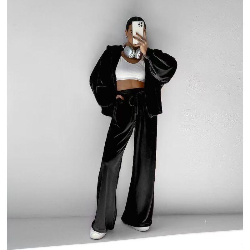 

European and American Autumn Casual Velvet Hood Long sleeve Top Trousers Set Hooded Top and Pants Set Black M