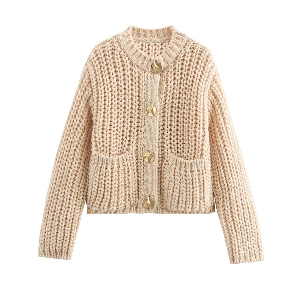 Women's Solid Color Coarse Needle Pocket Button Knit Cardigan Long Sleeved Sweater Jacket
