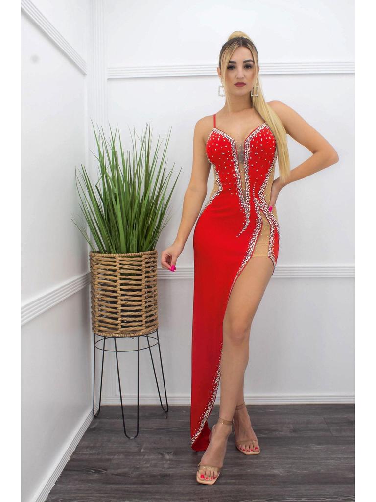ZQK2567 Sexy See-Through Spaghetti Strap Evening Dress with Hot Drill Design
