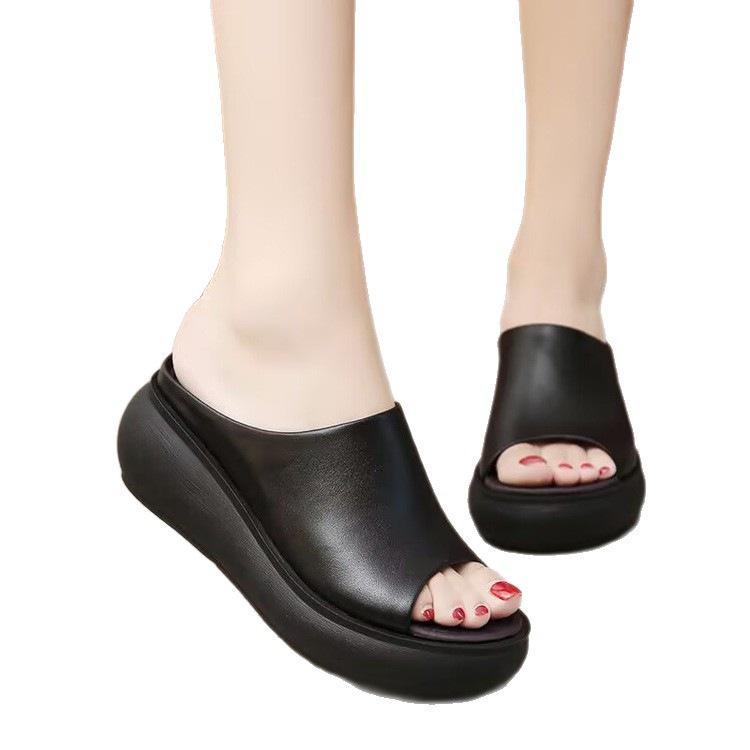 Thick-bottomed muffin cool slippers summer new outer wear high-heeled non-slip slope and casual one-word slippers