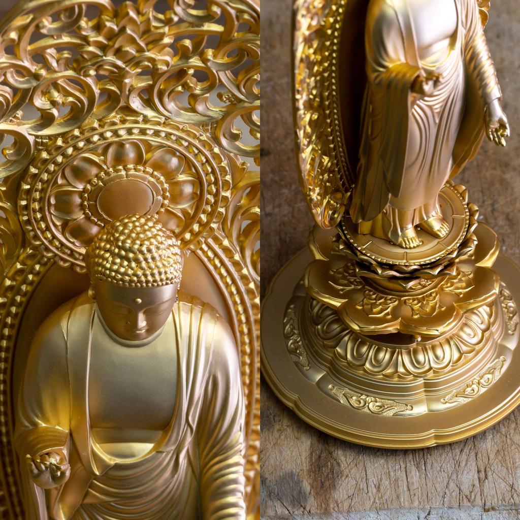 Statuia lui Buddha Amida Nyorai 25cm Budist Tomorin Matsuhisa Prototip Takaoka din cupru (placat cu aur/aur de 24K) sculptor _ „secta Jodo/Jimune” (Amida
