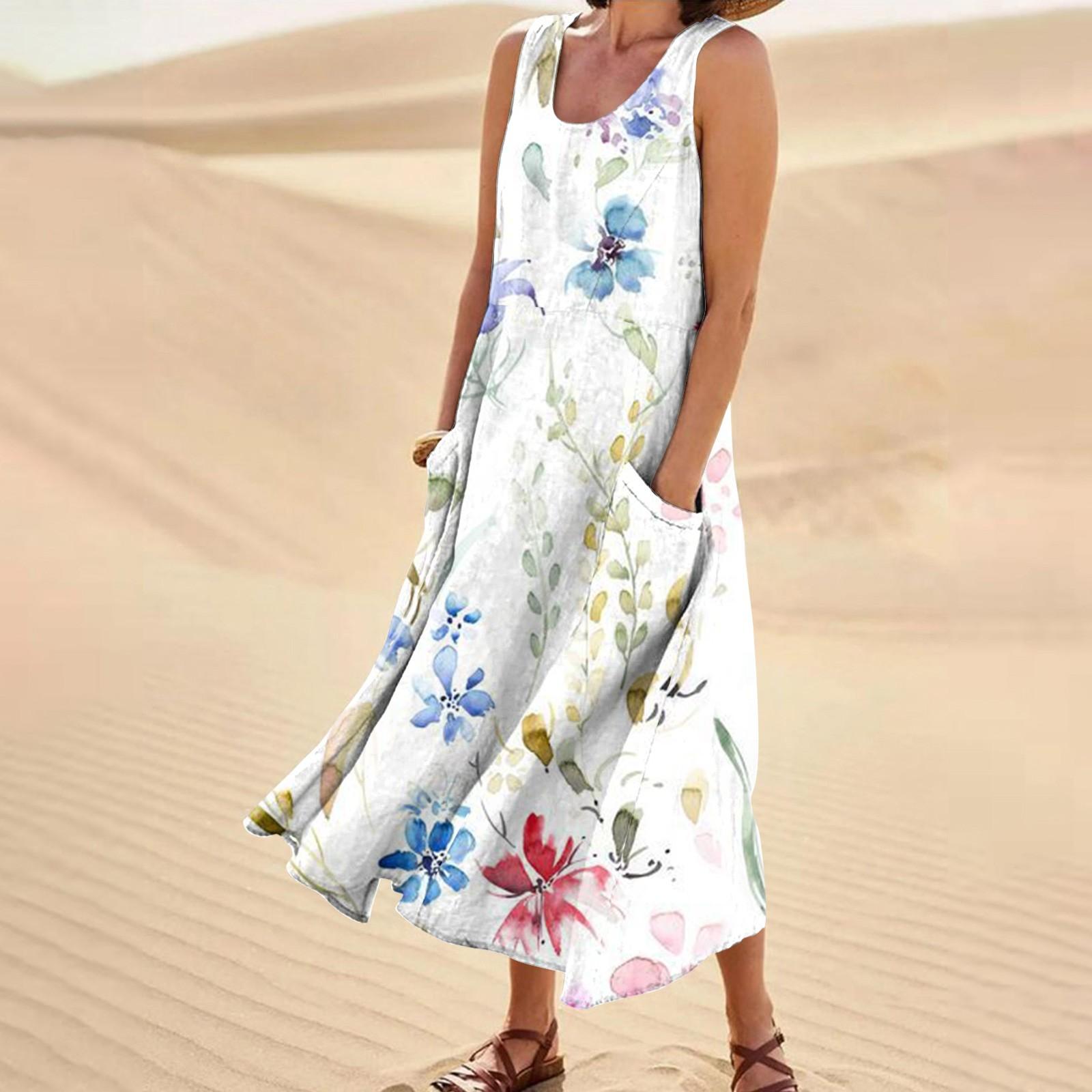 

Женское повседневное удобное хлопковое карманное платье без рукавов с цветочным принтом L синий