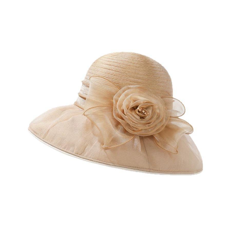 Elegant Organza UV Protection Hat Summer Ladies Outdoor Flower Sun Hat Mom's Hat