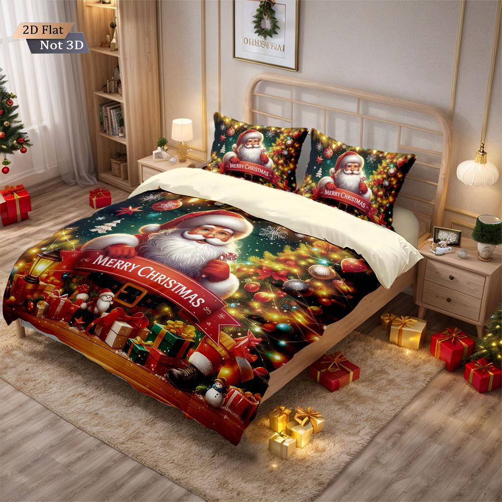 3pcs Merry Christmas Santa Claus Printed Chipless Bedding Set Soft Dormitory Bedroom Multiple Sizes Machine Washable