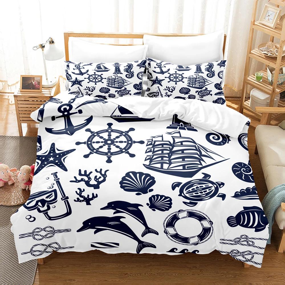 Anchor Duvet Cover Set,Nautical Pattern Classic Colors And Anchors Simplistic Design Sailor Ship Print Bedding Set Queen Size
