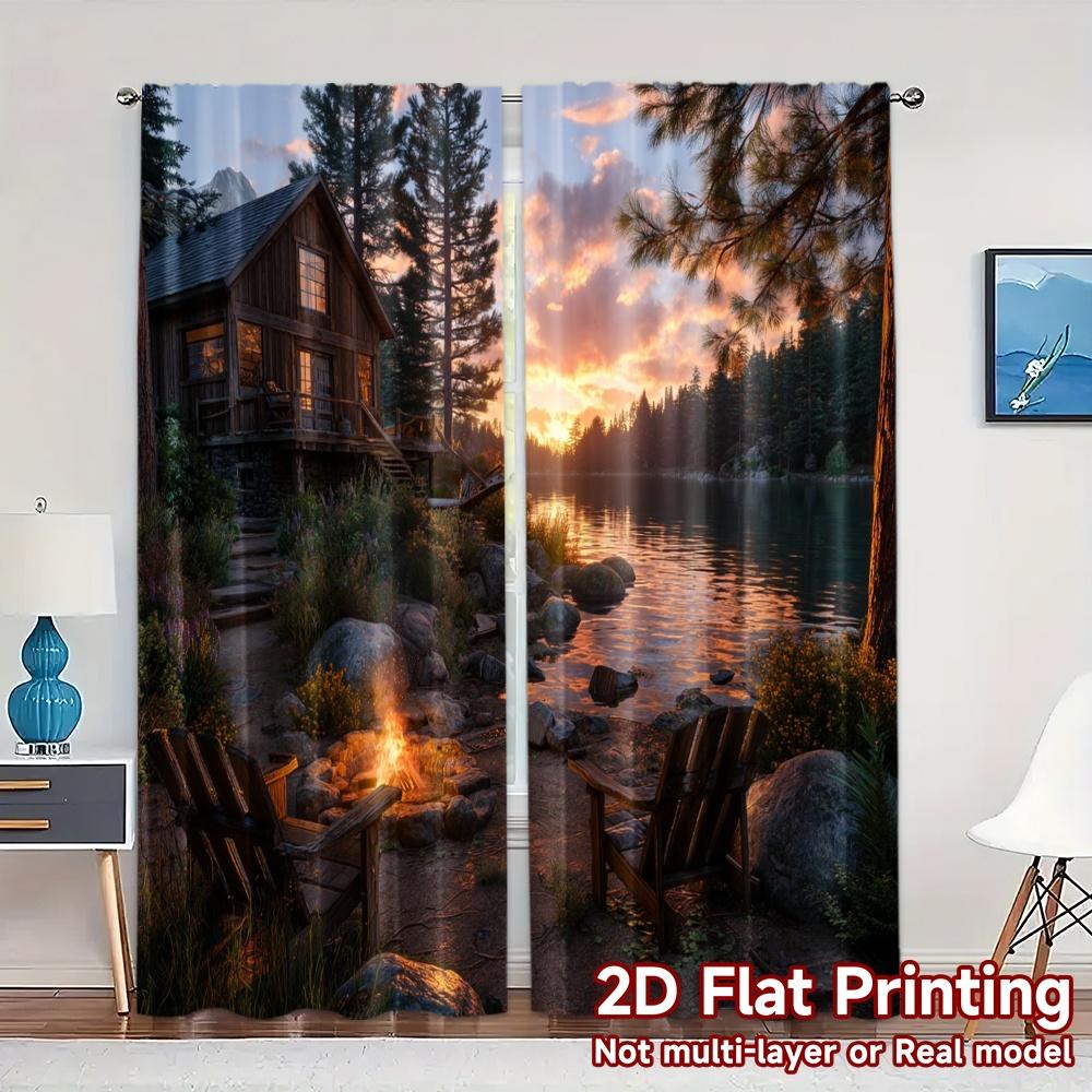 2pcs, 2D FLAT PRINTING Curtains (Without Rod) Cabin Serenity Popular Popular Curtain Machine Washable Fabric Curtains Versatile