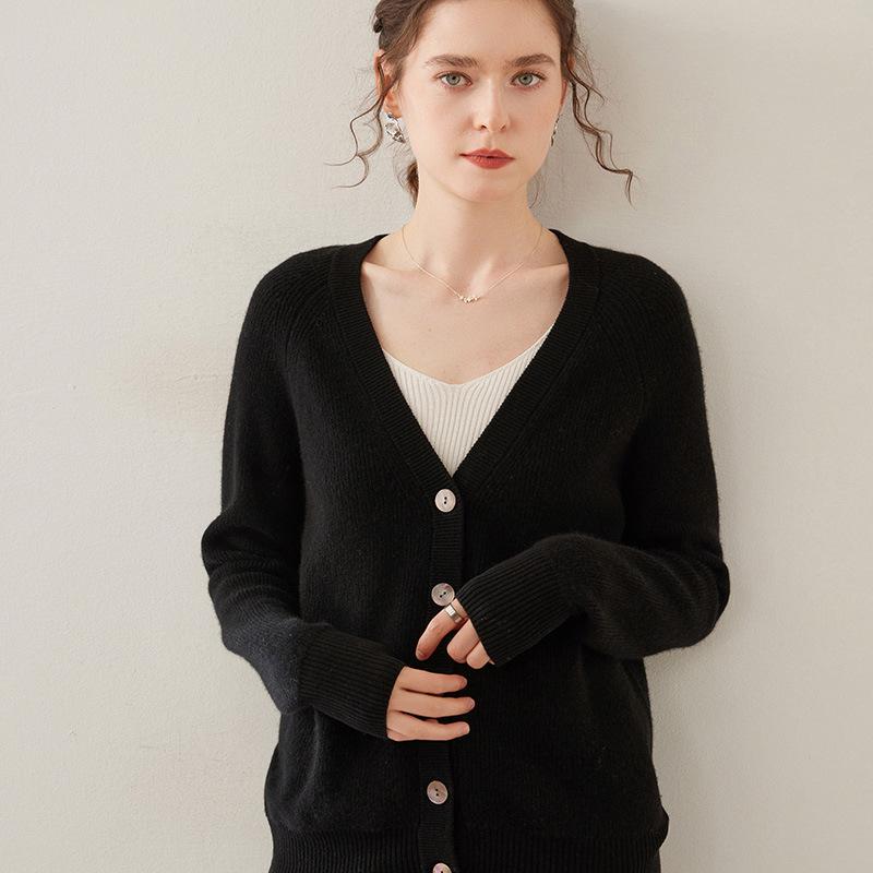 Women's Cashmere V-Neck Knit Cardigan - Warm, Loose, Slimming Sweater for Autumn & Winter