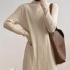 Mid-length Pullover Sweater for Women's Autumn and Winter Half Turtleneck Knee-length Knitted Dress Solid Color Casual Sweater Dress