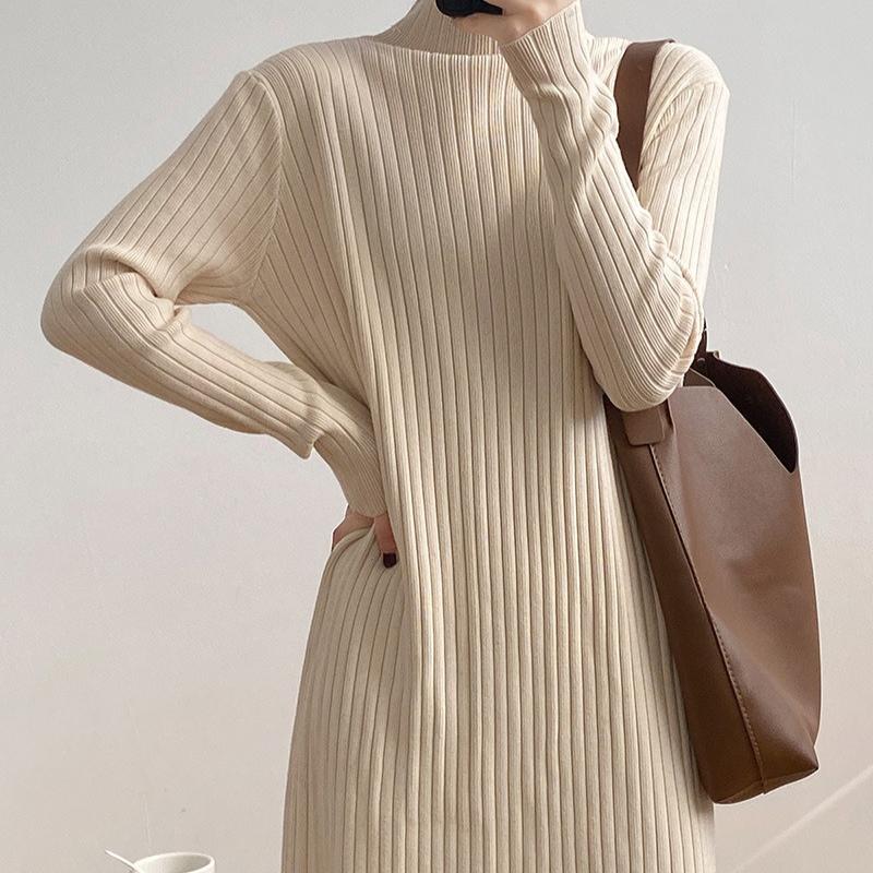 Mid-length Pullover Sweater for Women's Autumn and Winter Half Turtleneck Knee-length Knitted Dress Solid Color Casual Sweater Dress