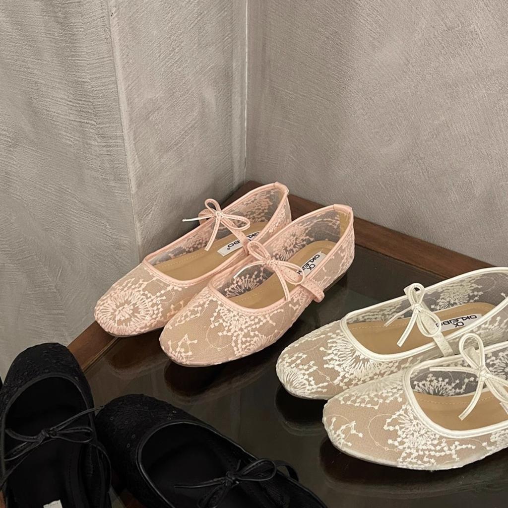 Gentle Evening Breeze Bow Ballet Shoes Girl 2025 New Fairy Hollow Mesh Lace Embroidered Shoes Single Shoes