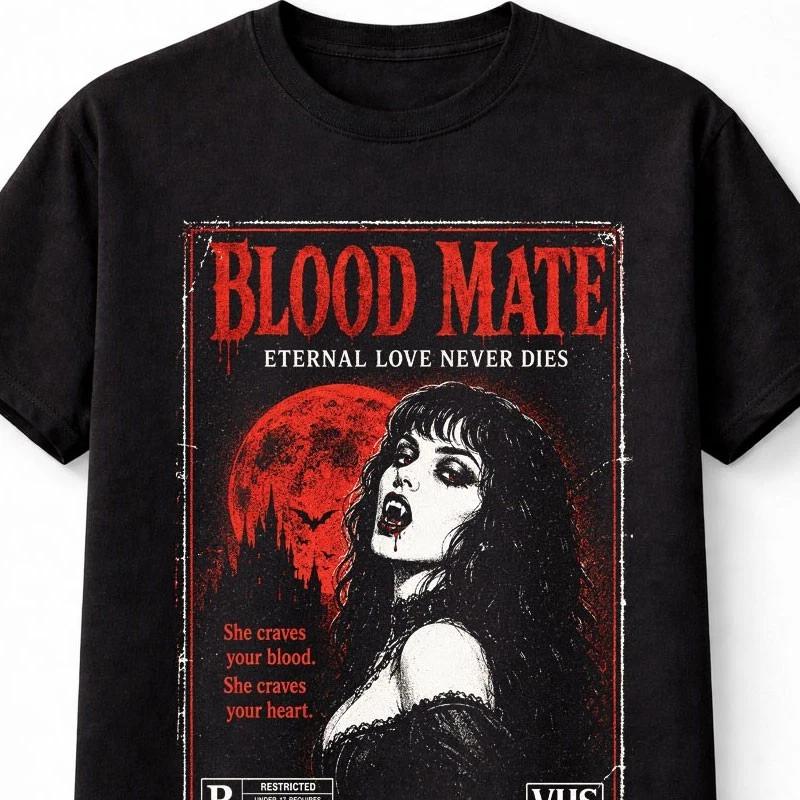 Blood Mate Vampire Gothic Dracula Vintage Horror VHS Unisex TShirt S