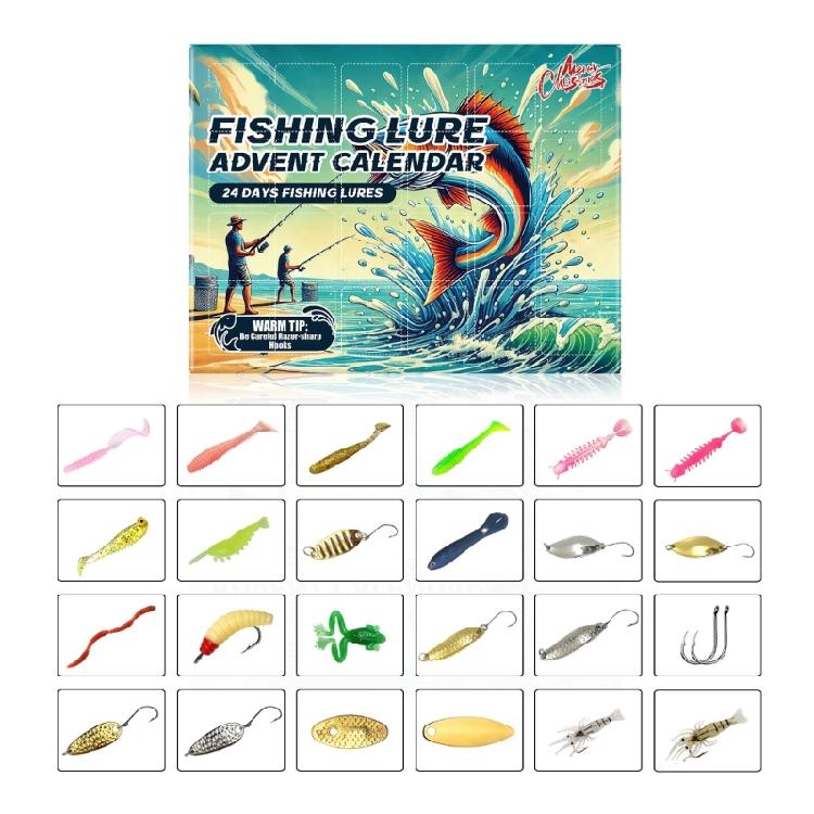 Seasonal Fishing Lure Advents Calendar Christmas Countdowns Fishing Tackle Box with 24 Assorted Baits for Celebration